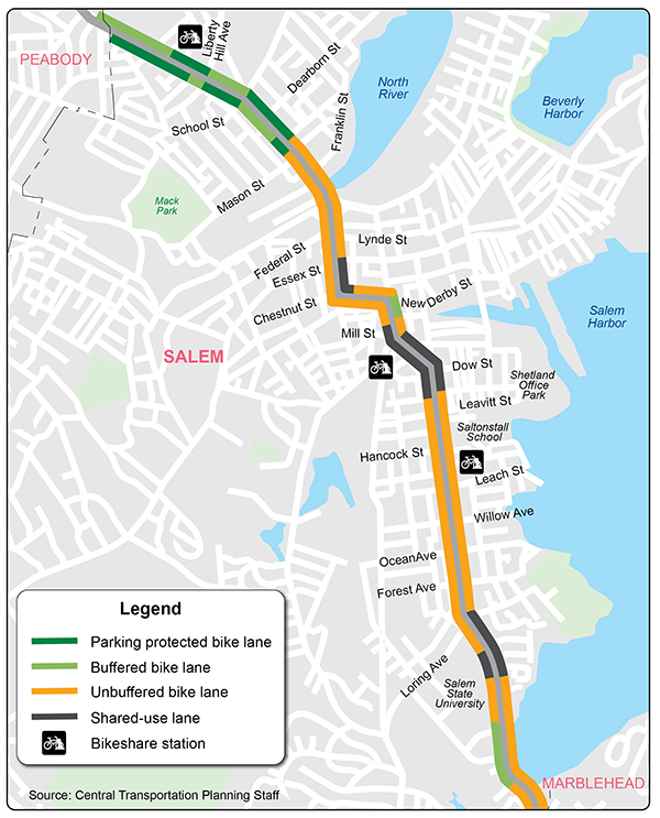 Figure 10 shows the types of bike lanes in the corridor: parking-protected, buffered, and unprotected.