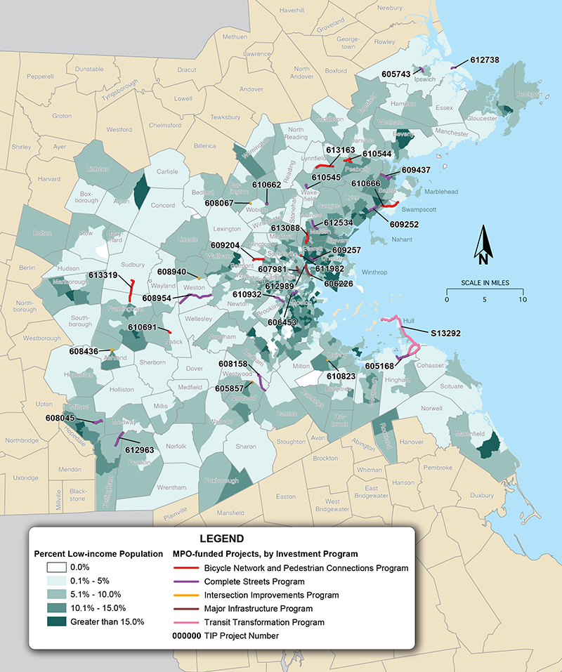 Figure B-2 is a map that shows the location of MPO projects funded in the FFYs 2026-30 TIP overlaid on the percent of the population in each census tract that is low income.