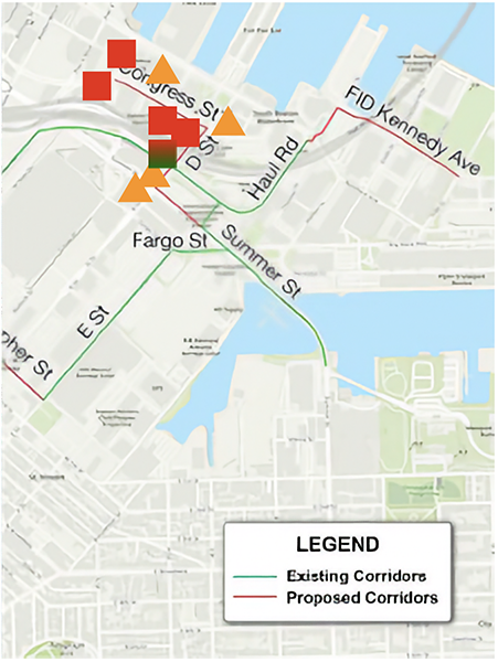 Map Map of area with red squares and orange triangles plus green lines representing existing cooridors and red lines representing proposed corridors.