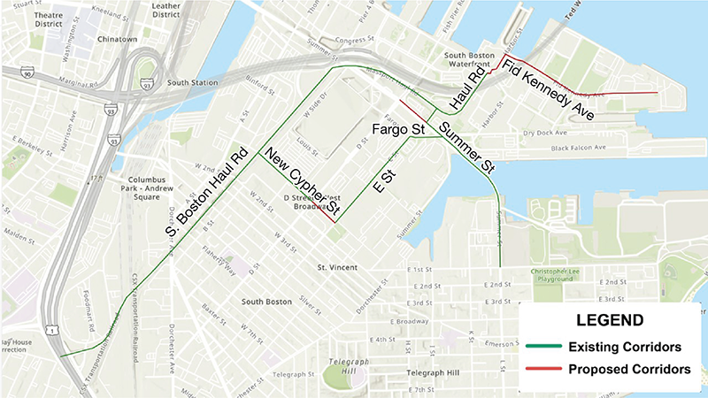 Figure 4 This figure shows the existing and proposed corridors in South Boston.