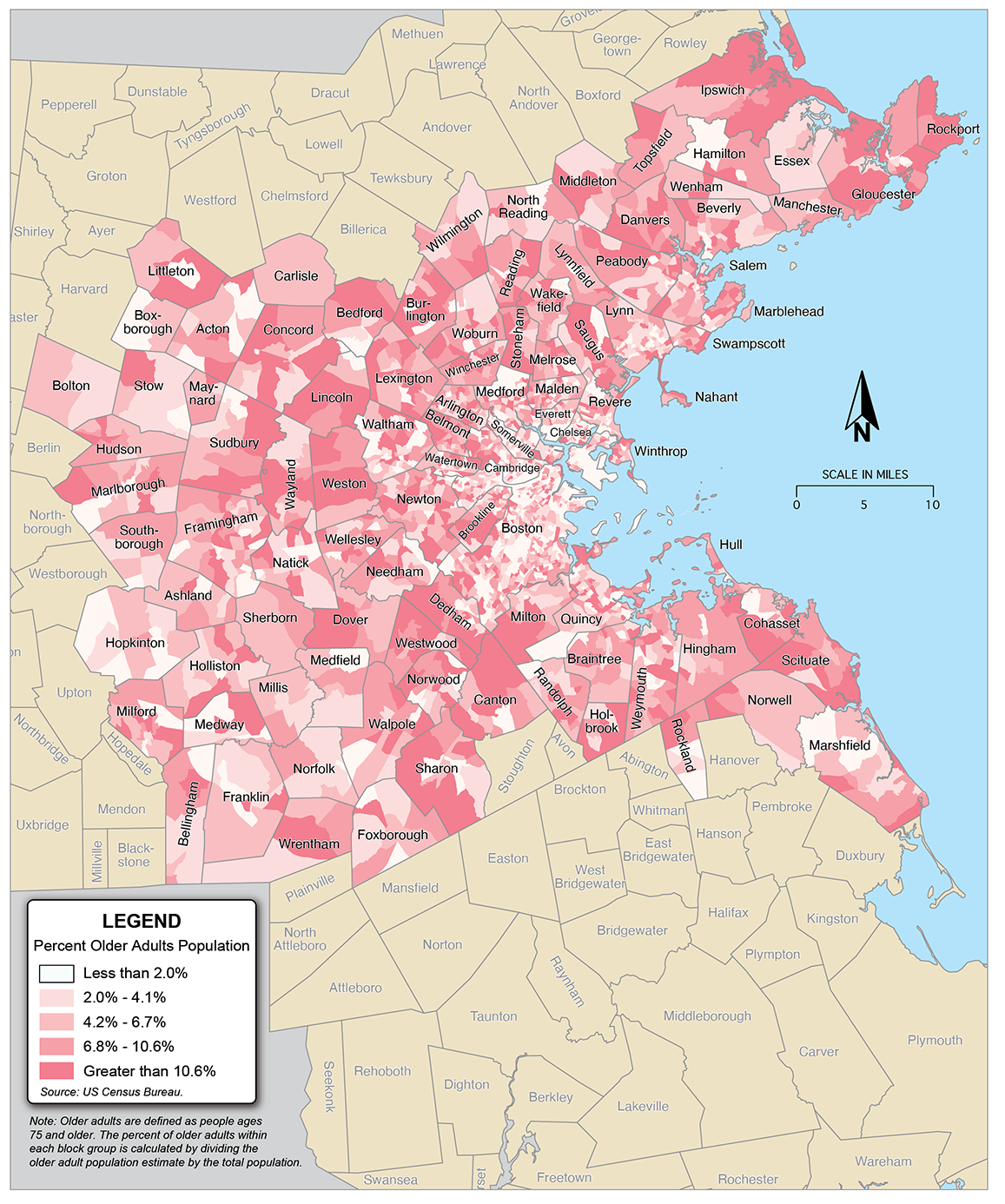 Figure 6-6 is a map showing the percent of the population that is age 75 or older in each block group across the 97 communities in the Boston region.