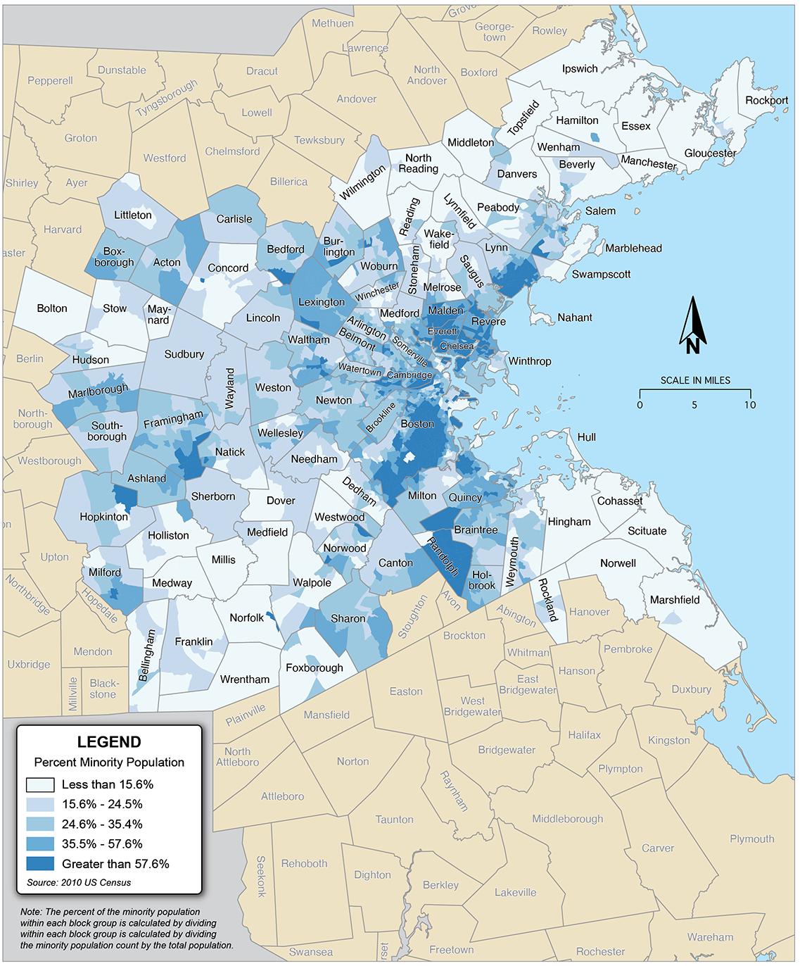 Figure 6-2 is a map showing the percent of the population that identifies as a minority in each block group across the 97 communities in the Boston region.
