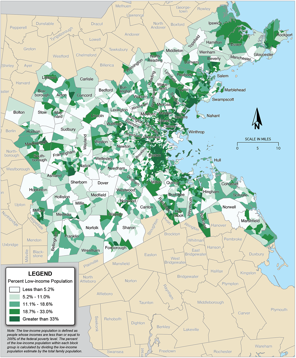 Figure 6-3 is a map showing the percent of the population that has a low income in each block group across the 97 communities in the Boston region.