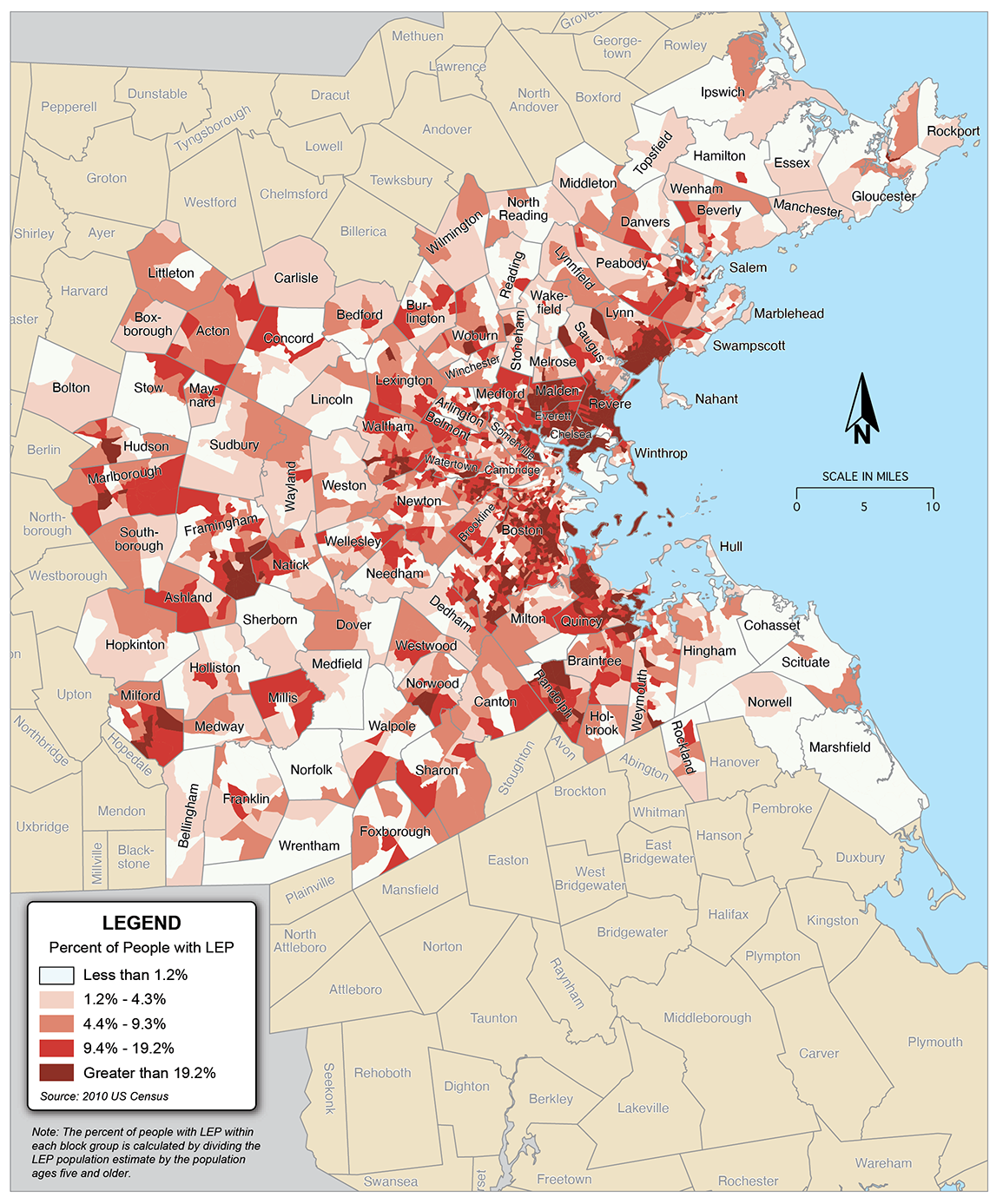 Figure 6-4 is a map showing the percent of the population that has limited English proficiency in each block group across the 97 communities in the Boston region.