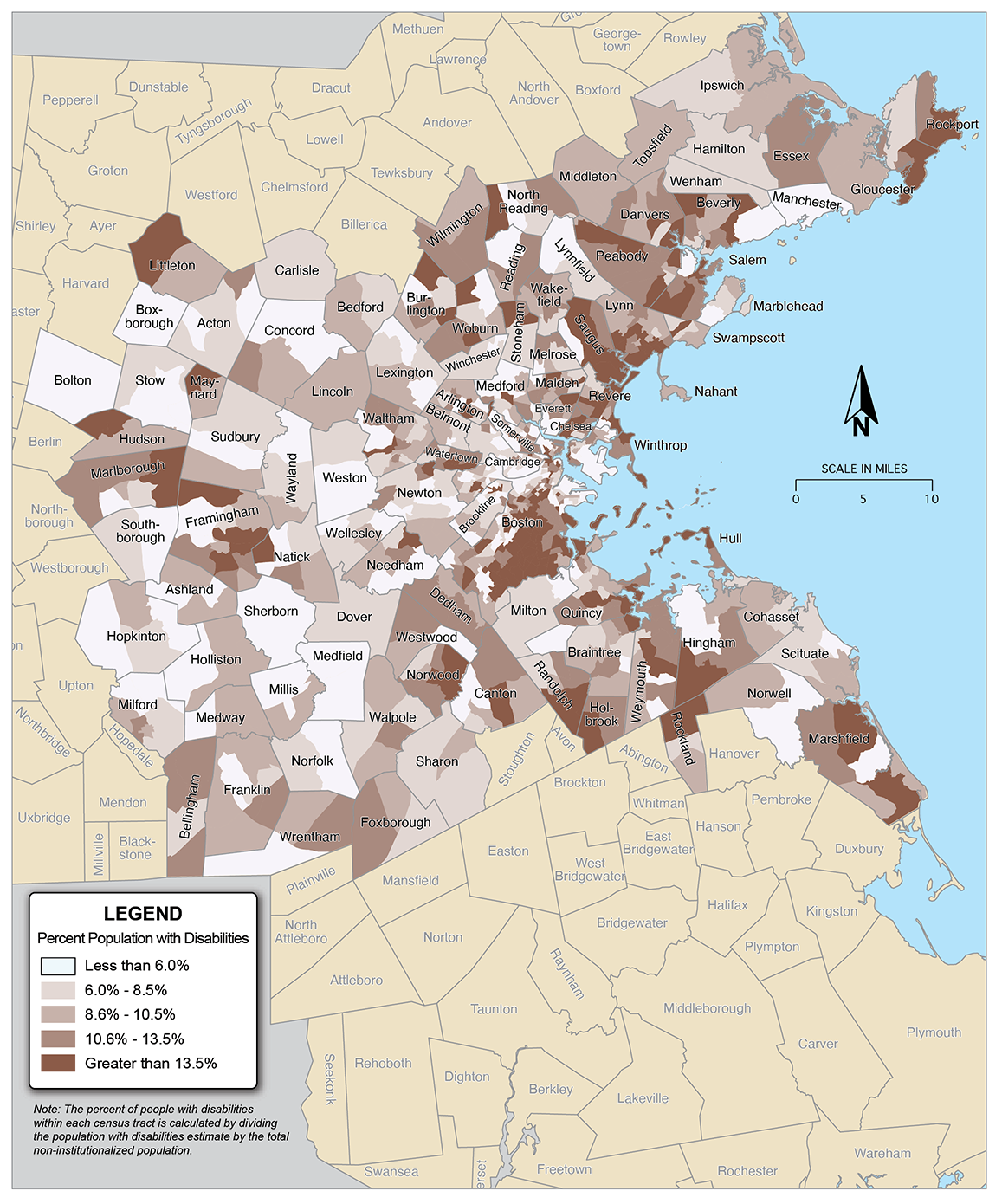 Figure 6-5 is a map showing the percent of the population with disabilities in each census tract across the 97 communities in the Boston region.