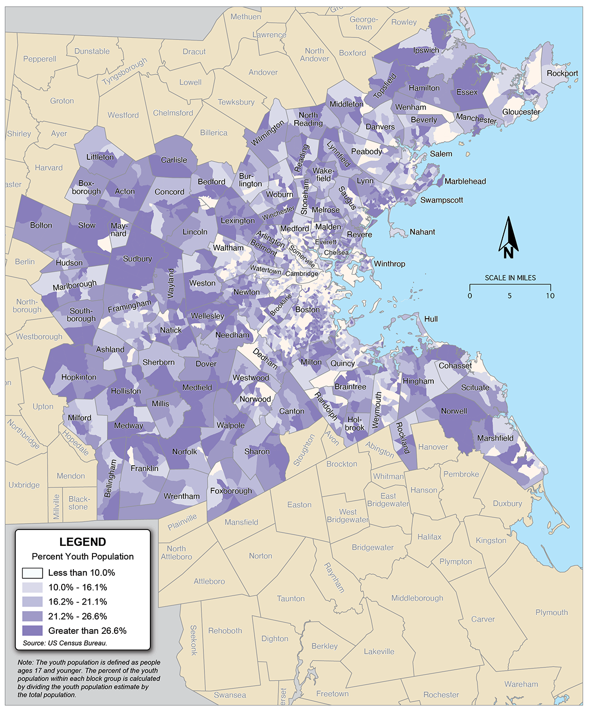 Figure 6-7 is a map showing the percent of the population that is age 17 or younger in each block group across the 97 communities in the Boston region.