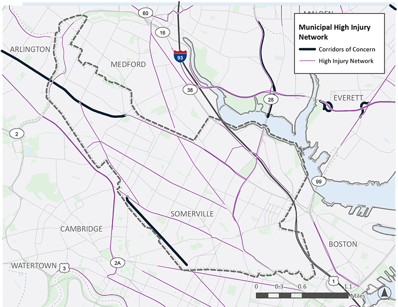Figure C-8: A map of Somerville, MA, a highly urban area of the region. Broadway and Beacon Street are highlighted as corridors of concern. Multiple roads, including Route 2A, Route 28, Highland Avenue, Somerville Avenue, and Medford Street are shown as high-injury network locations.
