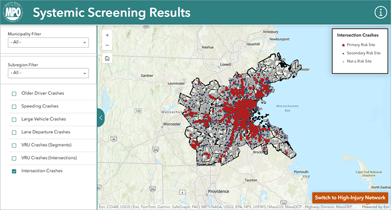 A screenshot of the on-line systemic screening results analysis tool which allows users to search on various subregions, municipalities, and emphasis areas described in the Boston Region MPO Vision Zero Action Plan.  This figure shows the filter options on the left-hand side with a map of the region with dropped pins on roads with safety concerns on the right-hand side of the screen.