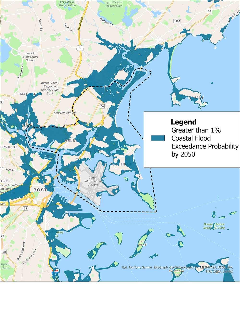 Figure presents coastal flood risk by 2050 for the study area and surrounding area