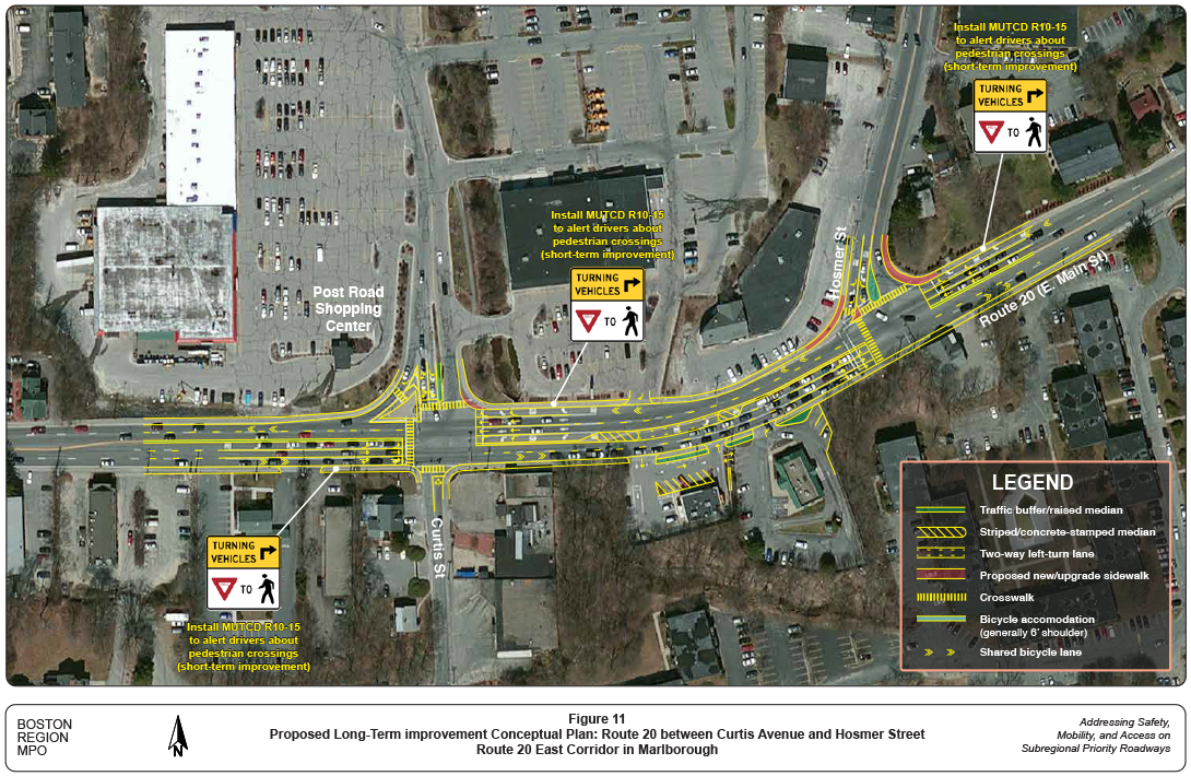 Figure 11 is a map of Route 20 between Curtis Avenue and Hosmer Street. The map has overlays depicting proposed long-term conceptual improvements to the roadway, including the location of traffic buffers, medians, turn lanes, crosswalks, sidewalks, and bicycle lanes and accommodations. 