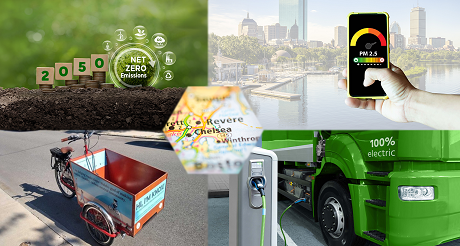 Photo montage showing, clockwise from upper left, the words net zero emissions 2050, a phone app measuring PM 2.5 emissions in front of the Boston skyline, a battery electric truck charging, and a cargo bicycle