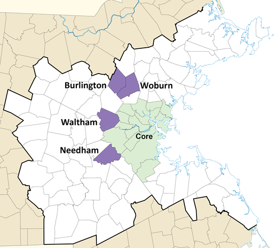 A map of the region highlighting Woburn, Burlington, Waltham, and Needham.