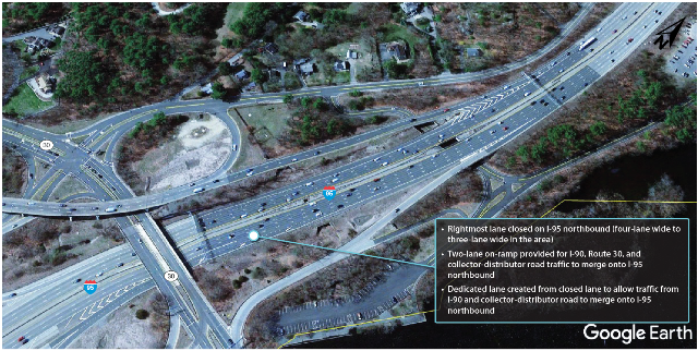 An overhead photograph of I-95 northbound at the I-90 interchange in Weston showing implementation of recommendations by MPO staff.