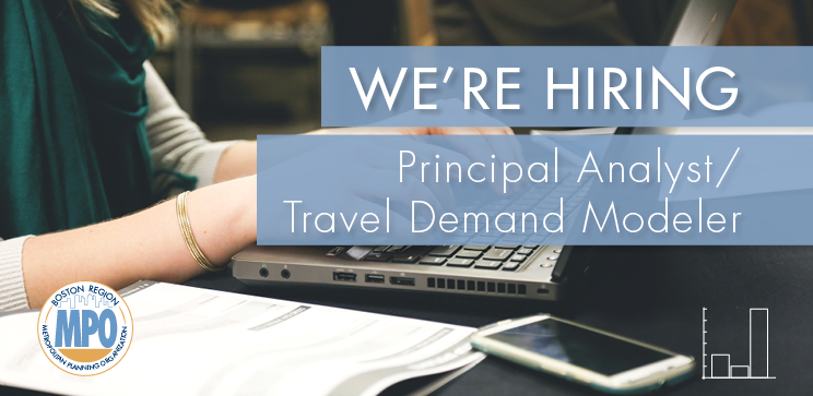 Image of a person typing on a laptop with text that says "We're Hiring: Principal Analyst/Travel Demand Modeler"