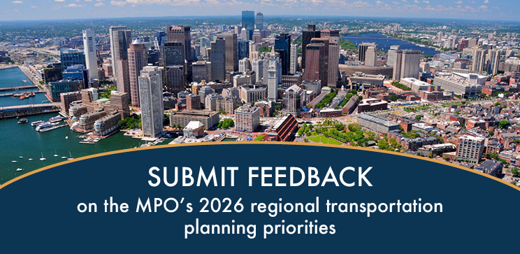 Image of the Boston skyline with text that says Submit feedback on the FFY 2026 UPWP. 